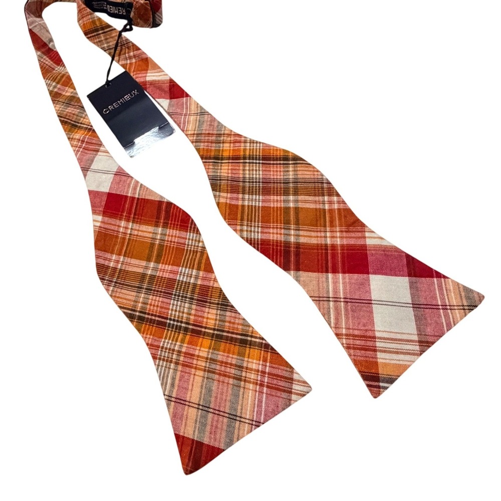 Cremieux Bow Tie Orange Red Plaid Cotton Self-Tie Adjustable Academic Accessory